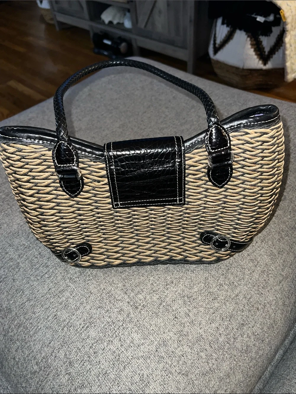 Brighton Woven Straw Tote with Black Trim and Silver Buckle GUC